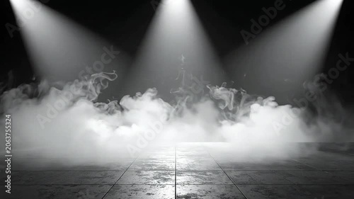 Bright spotlights shine down on a dark stage with thick smoke