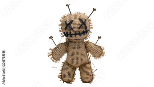 Photos Burlap voodoo doll with pins stuck in it, isolated on transparent background