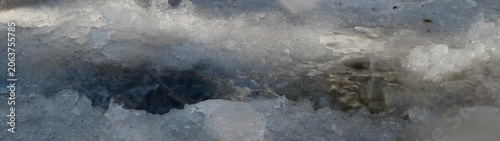 Melting ice and slush creating a small stream Gray and white tones reflect the cold winter conditions.