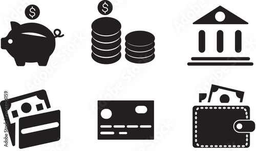 Cuadro en lienzo Financial silhouette icon collection including piggy bank coins bank credit card