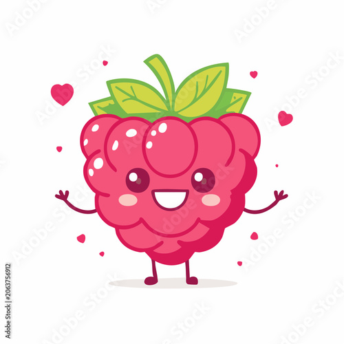 Cute Kawaii Raspberry Character Waving with Hearts