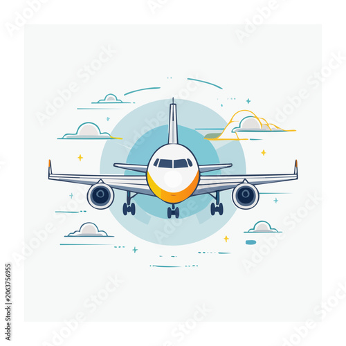 Flat design airplane flying in sunny sky