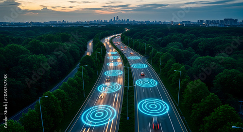 Autonomous smart vehicles driving on a highway with digital connectivity signal overlays at sunset