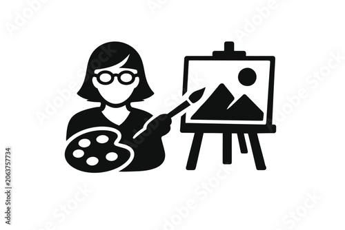 A black silhouette icon of a female artist wearing glasses, holding a paintbrush and palette, working on a landscape painting on an easel, white background.