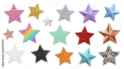 Set of various colorful glittery and metallic stars isolated on transparent background