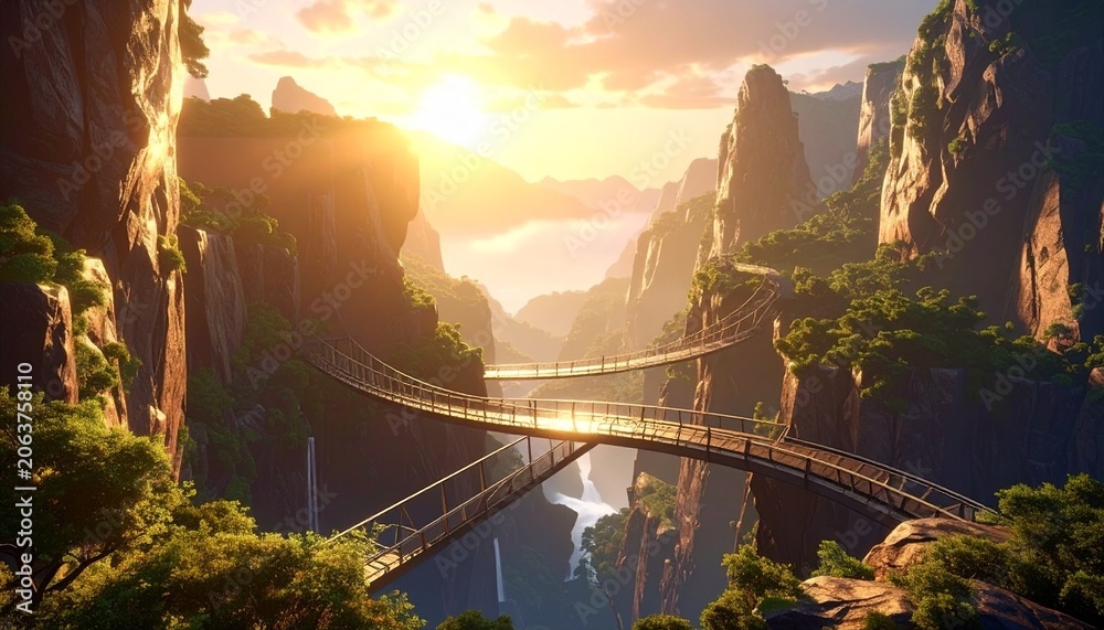 Fototapeta premium Golden sunset over dramatic canyon with river and bridge.