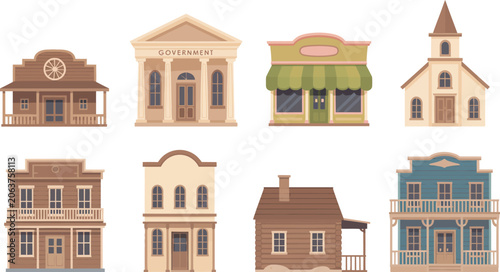 Foto Set of western town buildings and church in flat vector style illustration representing old frontier settlements, cowboy villages and rustic American wild west architecture concepts