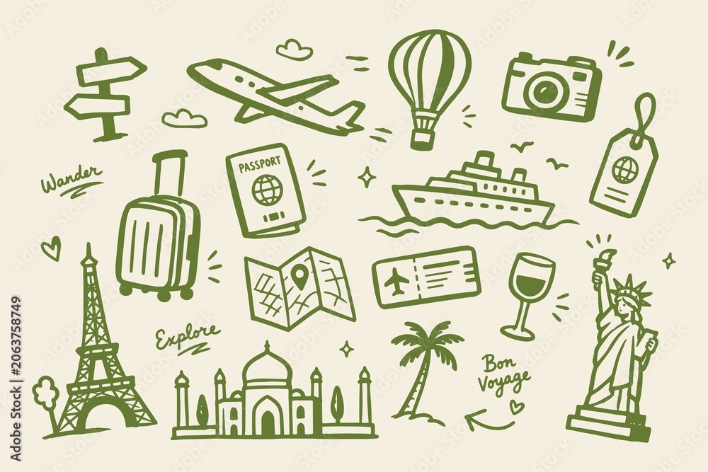 Obraz premium Travel Vacation Doodle Set Vector Illustration