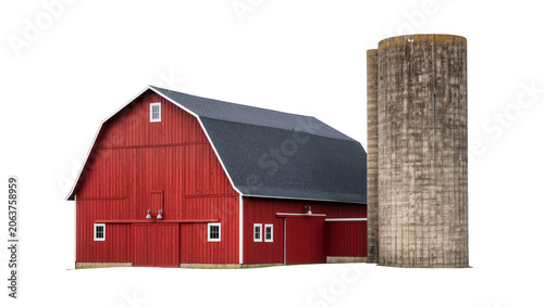 Classic red barn with attached concrete silo, isolated on transparent background