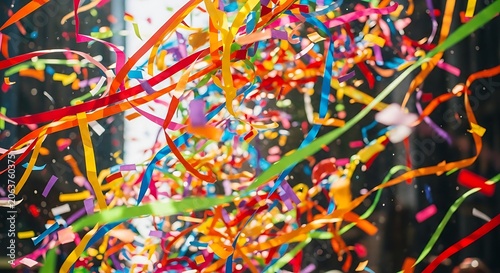 Vibrant Colorful Confetti and Ribbons Falling During Celebration Party.