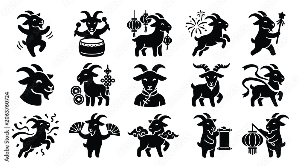 Obraz premium Collection of Chinese Zodiac Goat Silhouettes with Festive Elements.