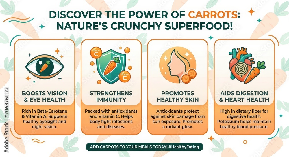 Naklejka premium Discover the power of carrots: Nature's crunchy superfood with health benefits for eyes, immunity, skin, and heart