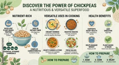 Infographic about the nutritional power and versatility of chickpeas, showcasing their health benefits and preparation methods