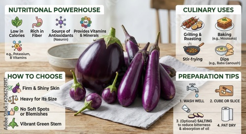 Fresh eggplants on a table with information about their nutritional value, culinary uses, how to choose, and preparation tips