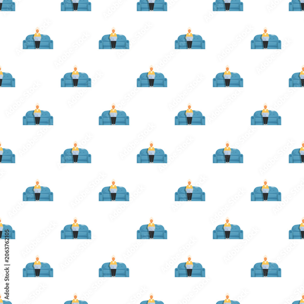 Fototapeta premium Senior woman sitting on a sofa using a laptop, creating a seamless background pattern