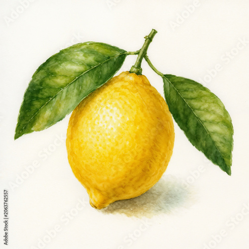 Watercolor Illustration of Fresh Lemon with Green Leaves Isolated on White Background