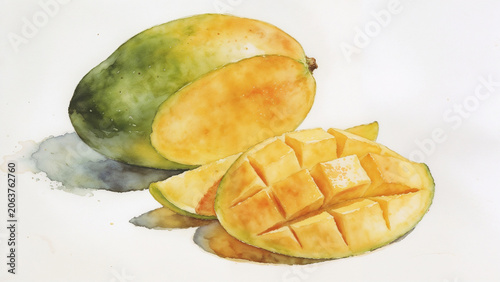Watercolor Illustration of Fresh Mango Half and Diced Mango on White Background
