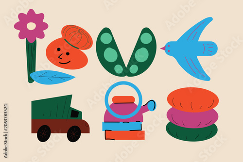 Playful hand-drawn design elements set spelling love with whimsical shapes