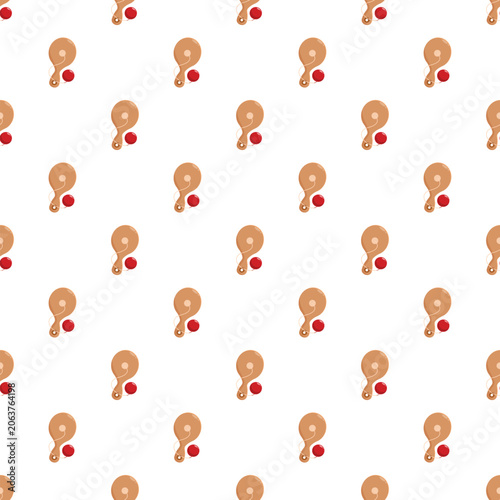 Wooden paddle ball toy with red rubber sphere forming a seamless pattern
