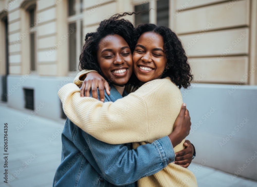 Fototapeta premium Two young Black women embracing on a city street in a moment of joy for friendship marketing, travel lifestyle editorial and community bonding advertisements