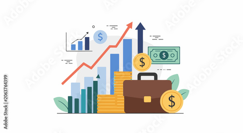 A colorful infographic depicts growing business with graphs and money