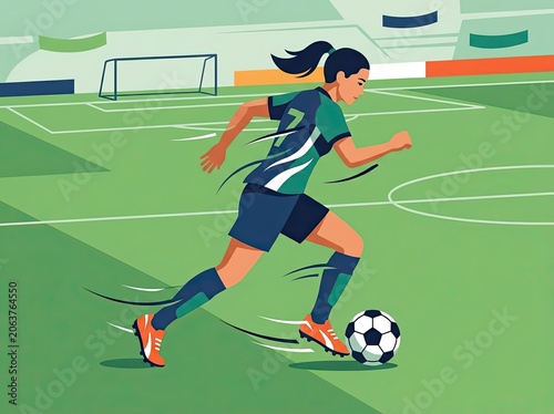 Female soccer player kicking ball fast.