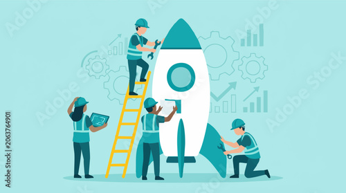 Team building rocket, symbolizing business startup, project development and growth