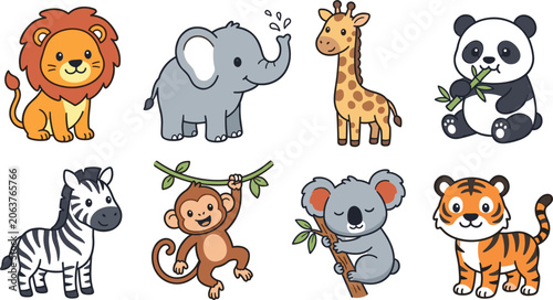 Cute Cartoon Safari Animal Collection Featuring Lion, Elephant, Giraffe, Panda, Zebra, Monkey, Koala and Tiger Characters