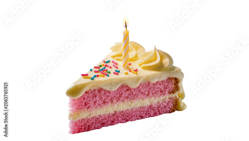 Obraz na plátně Pink layered cake slice with yellow frosting sprinkles and candle, isolated on t