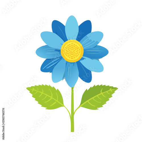 Blue flower with green leaves and yellow center vector
