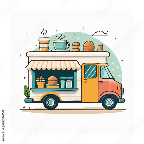 Flat design food truck with hamburger and fries