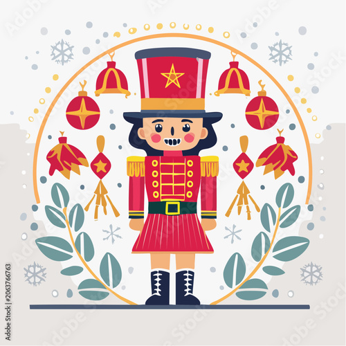 Nutcracker Soldier with Christmas Ornaments and Snowflakes