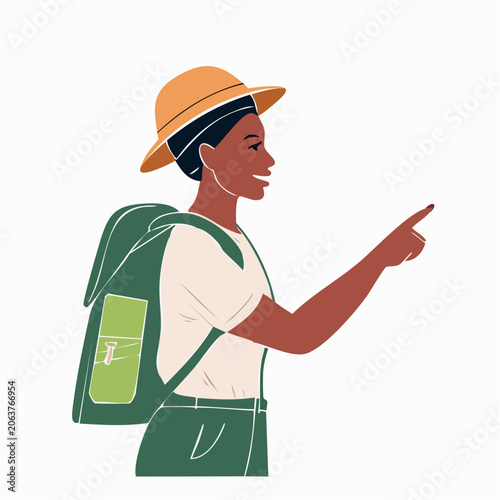 Woman with Backpack and Hat Pointing Forward