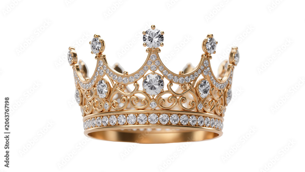 Fototapeta premium Ornate gold crown with diamonds, isolated on transparent background