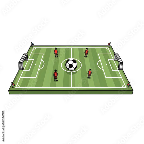 Pixel Art Soccer Field With Players In Red Uniforms And A Ball On A Transparent Background