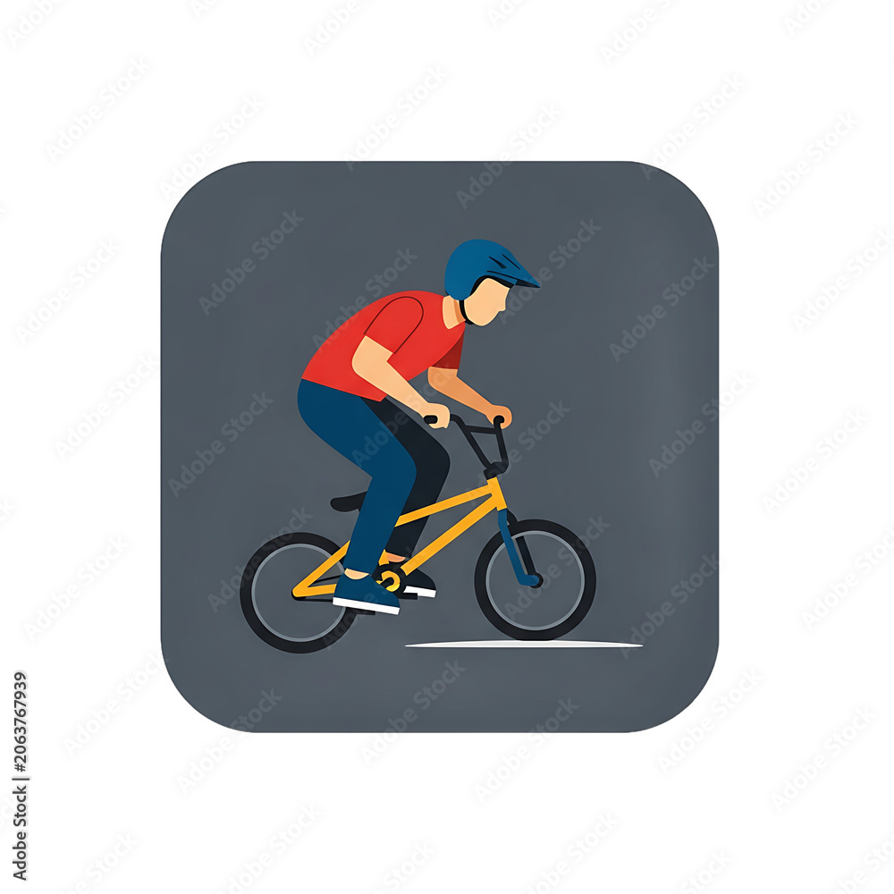Obraz premium Flat Vector Illustration Of A Person Riding A Yellow Bmx Bike Wearing A Blue Helmet And Red Shirt
