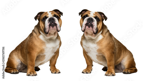 Fotografi Two brown and white English Bulldogs sitting symmetrically, isolated on transpar
