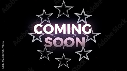 Glowing Coming Soon Text Banner with Neon Style Outline Stars on Dark Background