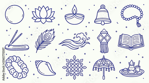 Collection of Indian cultural and religious icons in a simple line art style.