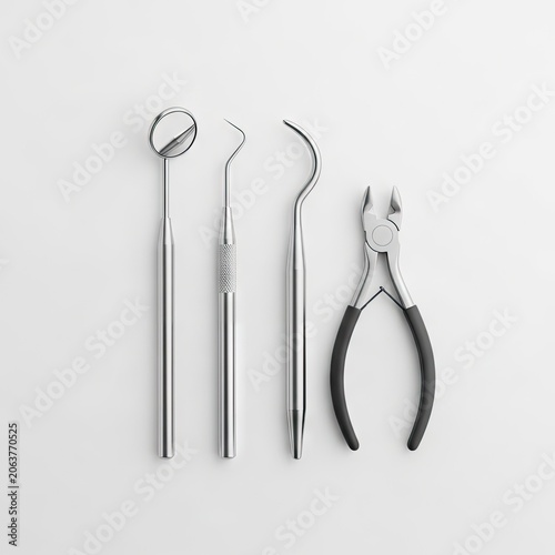 Dental Tools Set on White Background for Oral Health and Hygiene.