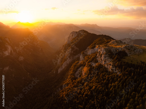 Sunset over Sutjeska National Park from Prijevor saddle, Bosnia and Herzegovina mountains with Bosanski Maglic the highest mountain in Bosnia and Herzegovina