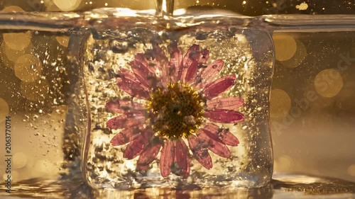 Frozen Flower A Delicate Pink Bloom Preserved in a Block of Ice with Golden Backlighting