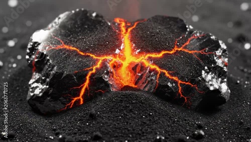 Fiery Meteorite Fragment Cracked Open Revealing Molten Core Amidst Black Sand and Volcanic Ash