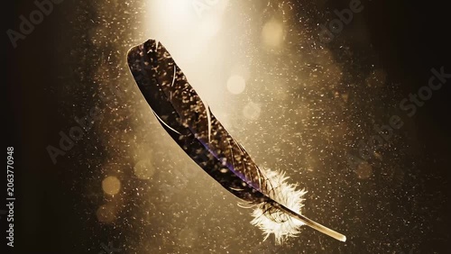 A single feather floats gently in a sunlit, dusty atmosphere, showcasing delicate details and a sense of peacefulness