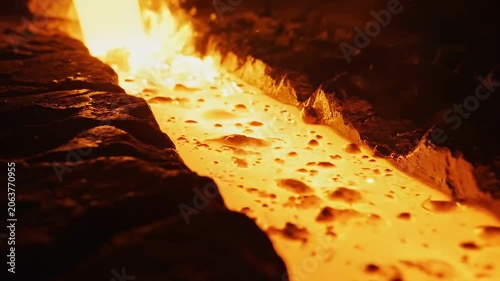 Molten Metal Flowing Through Industrial Forge A Close-Up View of Hot Steel in Production