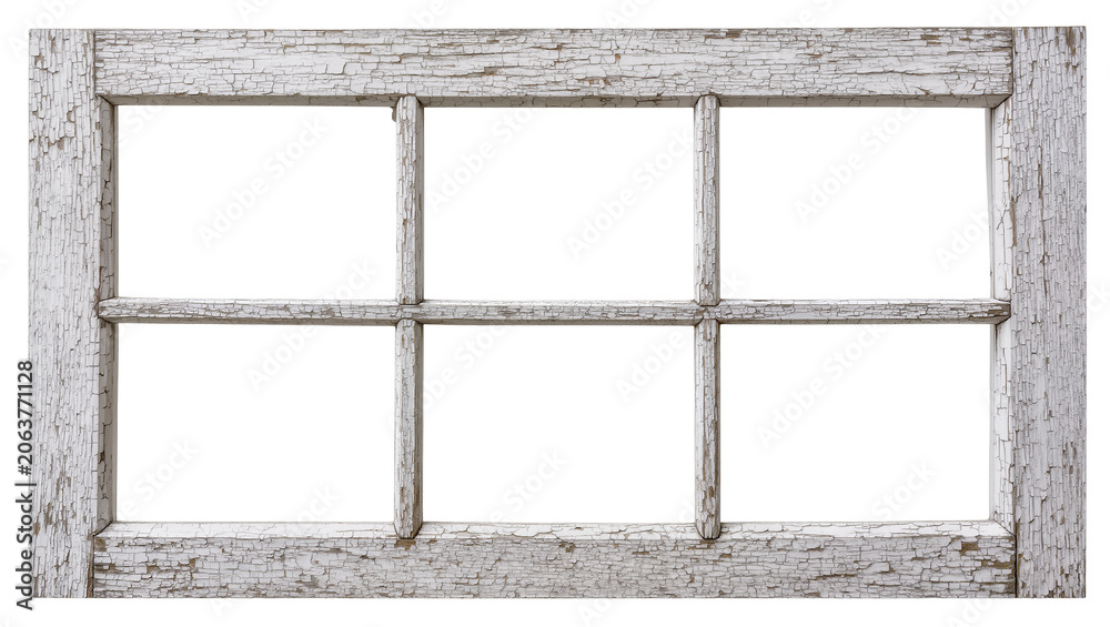 Fototapeta premium Rustic distressed white wooden window frame with six panes, isolated on transparent background