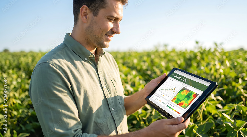 Fototapeta premium Male agricultural technician holding tablet displaying crop data analysis in green soybean field under clear blue sky during daytime