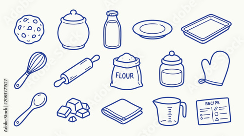 Collection of hand-drawn baking ingredients and tools, perfect for illustrating recipes and culinary themes.