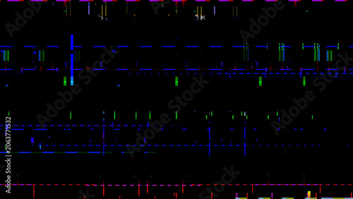 Konstfotografi Abstract digital glitch texture on a black background, with distorted neon blue, cyan, green, and purple scan lines, creating a futuristic cyber error effect