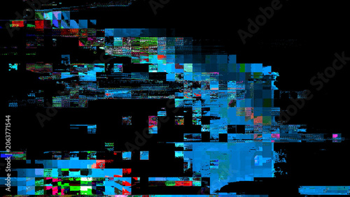 Quadro em tela Abstract digital glitch texture on a black background, with distorted neon blue, cyan, green, and purple scan lines, creating a futuristic cyber error effect